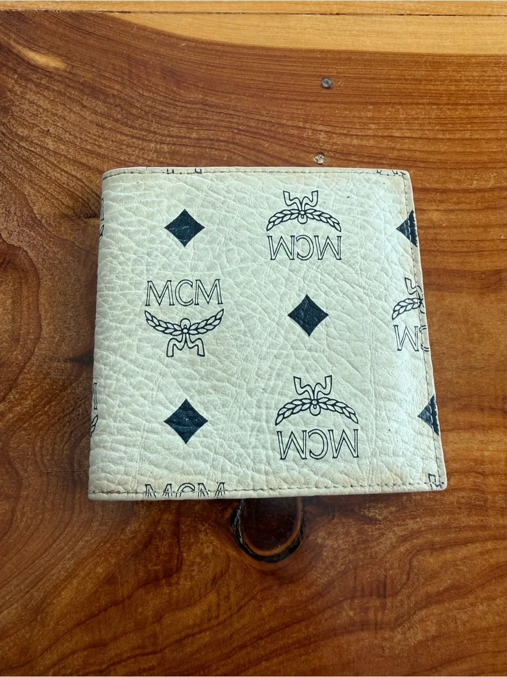 MCM Cream and Black Logo Bi-Fold Wallet